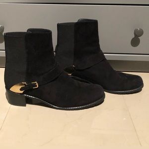 Stuart Weitzman Black Suede Boots with Gold Buckle
